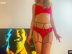 21 Year Old With A Natural Luxurious Body And Breasts In Red Underwear And Belt Dancing On A Pov Cam