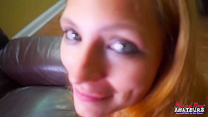 A busty blonde is horny in this pov video