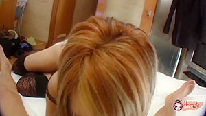 After Stripping The Blonde Is Left Wet In Her Stockings Aching For His Asian Dick