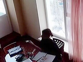 Amateur GF almost caught masturbating naked in the window of the office