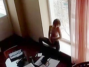 Amateur GF almost caught masturbating naked in the window of the office
