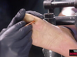 BDSM sub ebony suffers feet torment in predicament bondage