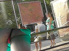 Babe in the summer dress was upskirted at the bus stop
