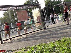 Babe in the summer dress was upskirted at the bus stop