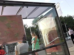 Babe in the summer dress was upskirted at the bus stop