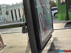 Babe in the summer dress was upskirted at the bus stop