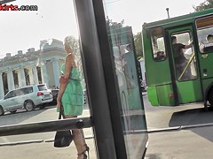 Babe in the summer dress was upskirted at the bus stop