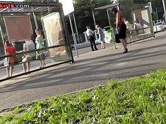 Babe in the summer dress was upskirted at the bus stop