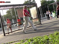 Babe in the summer dress was upskirted at the bus stop