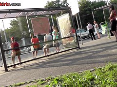 Babe in the summer dress was upskirted at the bus stop