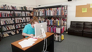Bailey Brooke gets banged in the library by Brick Danger huge cock