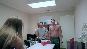 Beer Pong Besties goes on feeding with two studs big cocks deep throat