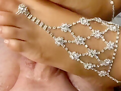 Black Gives Foot Job To A White Cock With Jewelry On Her Black Feet