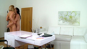 Blonde Agent Taking Care Of Brunettes Hot Shaved Pussy