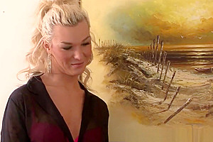 Blonde tgirl facialized after drilling hunk