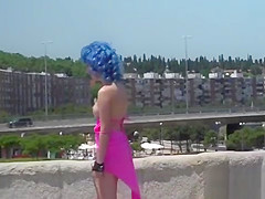 Blue haired slave disgraced in public