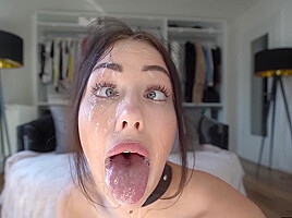 Brunette With Big Eyes Makes A Deep Blowjob And Receives Cum On Face