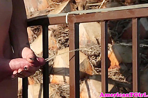 Busty Tattooed Tgirl Pees Outdoors After Wank