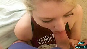 Busty blonde amateur deepthroats and rides a cock