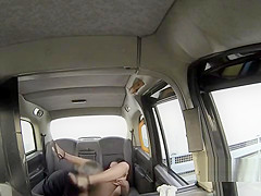 Busty brunette facialized in taxi