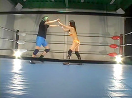 Busty hairy Jap banged in a wrestling ring