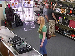 Busty pawnshop amateur cocksucking for cash
