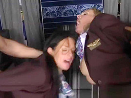 CFNM stewardesses buttfucked in foursome at mile high club