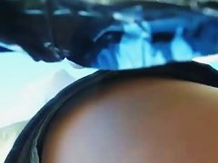 Candid street upskirt of a blonde in a jean skirt and blue panties