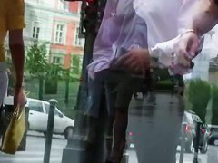 Classy blonde in heels and white pants in a street candid vid