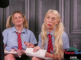 College uniform babes tease jerker who jerks on them