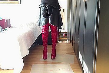 Crotch High Red Boots And Dildo