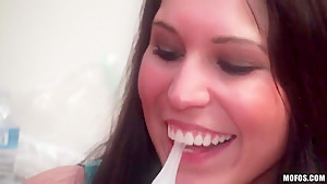 Cuddly babe with nice forms smiles and sucks cock
