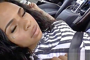 Ebony shemale with fake boobs is playing with her cock and fucks her own ass with a toy