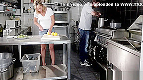 Euro babe anally creamed in restaurant kitchen