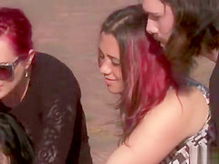 Euro slut gets lezdom and cock in public
