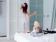 Fetish teen 18+ in transparent outfitt spreading her tight pussy