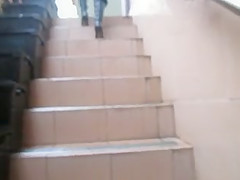 Flashing stockings tops going upstair