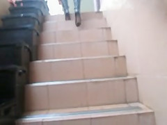 Flashing stockings tops going upstair