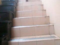 Flashing stockings tops going upstair