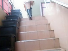 Flashing stockings tops going upstair