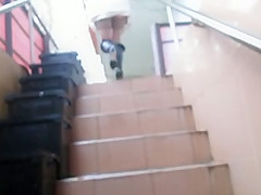 Flashing stockings tops going upstair