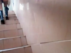 Flashing stockings tops going upstair