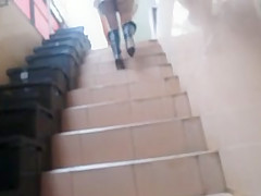 Flashing stockings tops going upstair