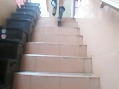 Flashing stockings tops going upstair