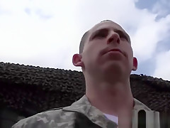 Gay soldier gets on knees and swallows big hard cock