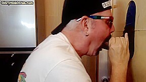 Gloryhole BJ DILF sucks Black cock and gets fucked in sling