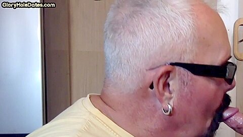 Grayhair gloryhole DILF sucks cock in private closeup video