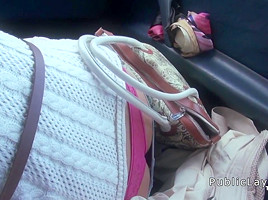 Hairy pussy Russian babe fucks in the car in public