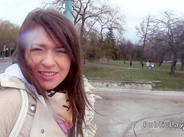 Hairy pussy Russian babe fucks in the car in public