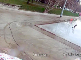 Hairy pussy Russian babe fucks in the car in public